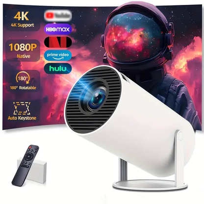 Modern white F100 4K  with adjustable mount, featuring support for 4K resolution, 1080p native display, and compatibility with HBO Max, Prime Video, and Hulu, set against a vibrant space background with an astronaut.