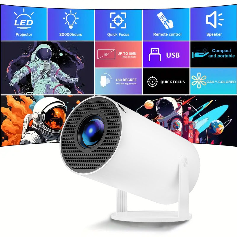 Compact white F100 highlighting features like quick focus, remote control, speaker, USB connectivity, and 80-inch display support, with a vibrant space-themed background featuring astronauts and planets