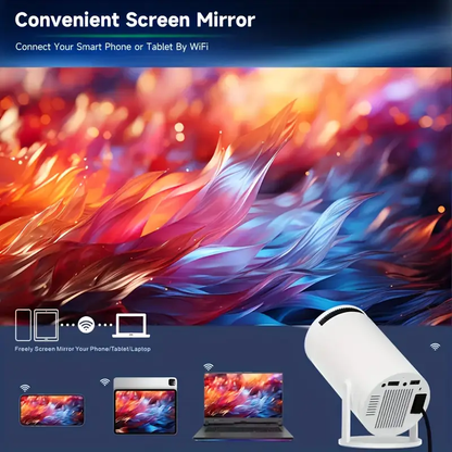 Close-up of the F100 portable projector demonstrating its screen mirroring feature, allowing connection to smartphones, tablets, and laptops via WiFi, with vibrant abstract background, emphasizing its compatibility with multiple devices for seamless multimedia sharing and entertainment.