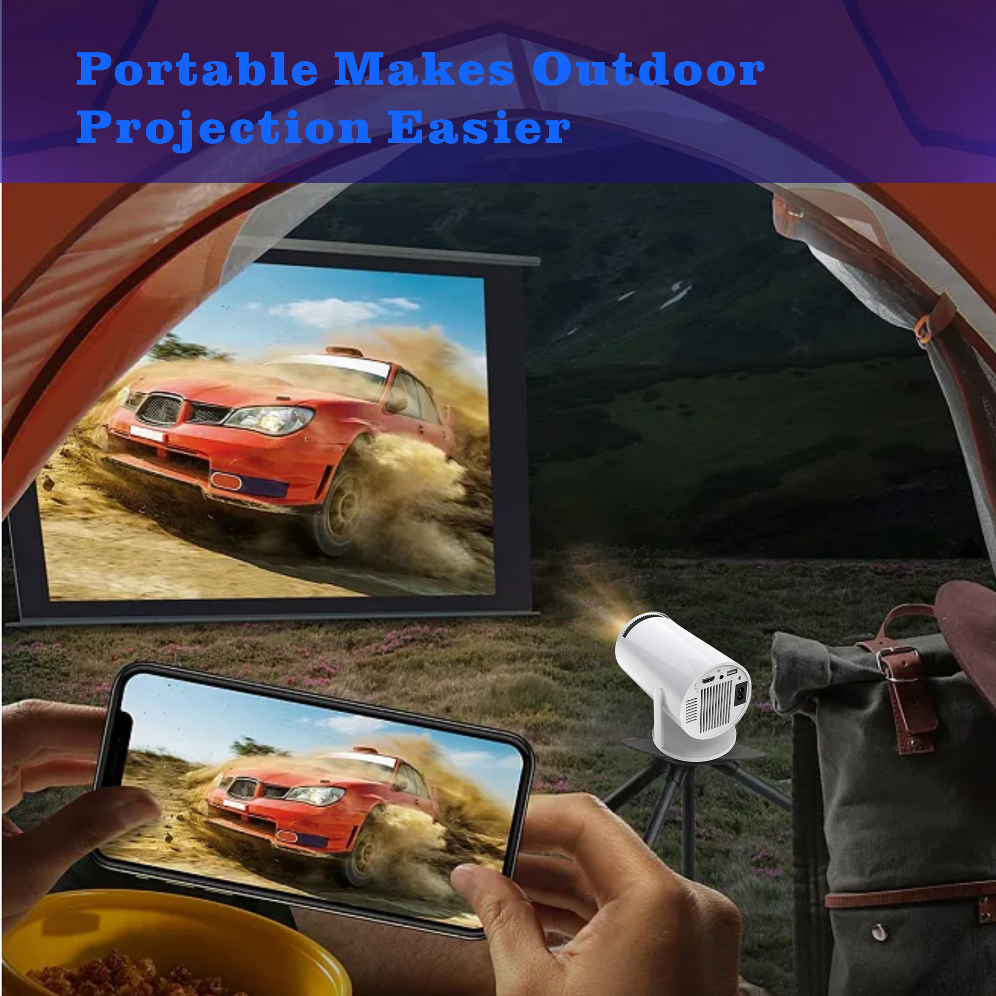 Portable projector being used to project a car scene onto a screen outdoors.
