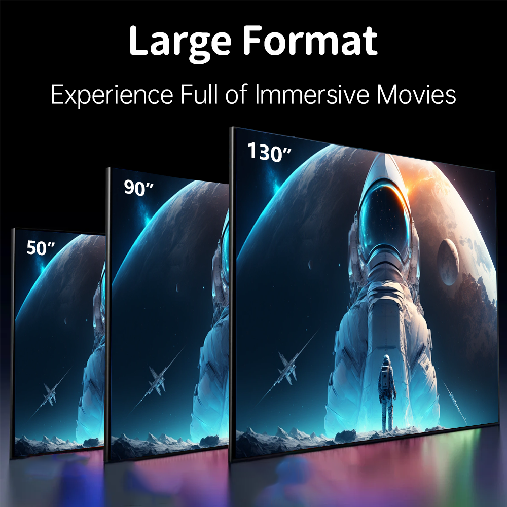 Three large TVs displaying space-themed images with text about immersive movies.