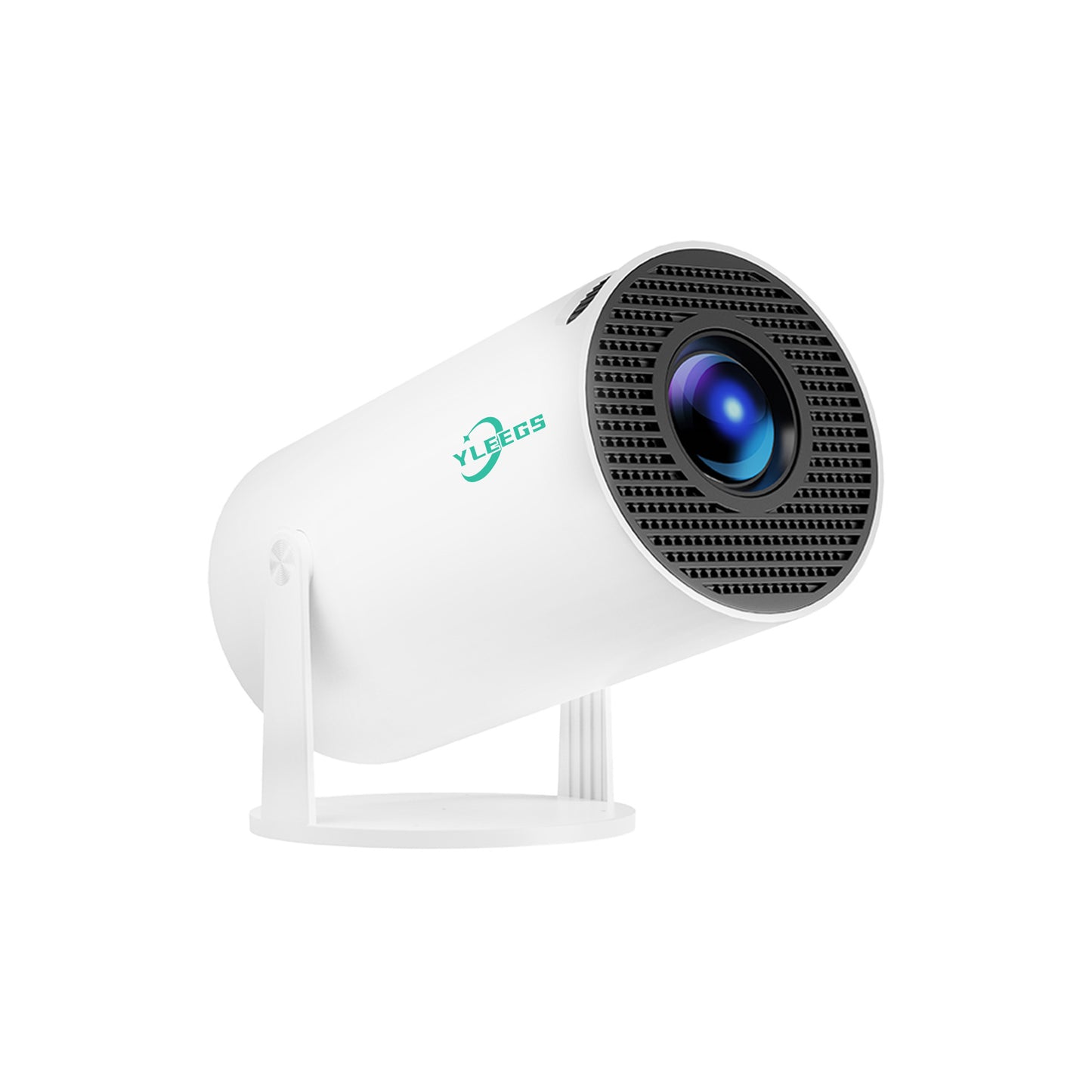 Compact white YLEGS F100 portable projector with a black front grille and blue lens, ideal for home entertainment and presentations, displayed against a white background.
