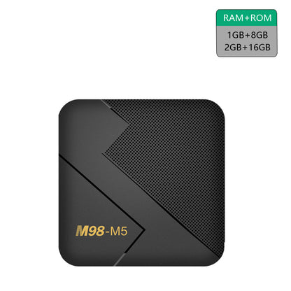 Top view of M98-M5 black Android TV box with RAM and ROM options for streaming and media playback