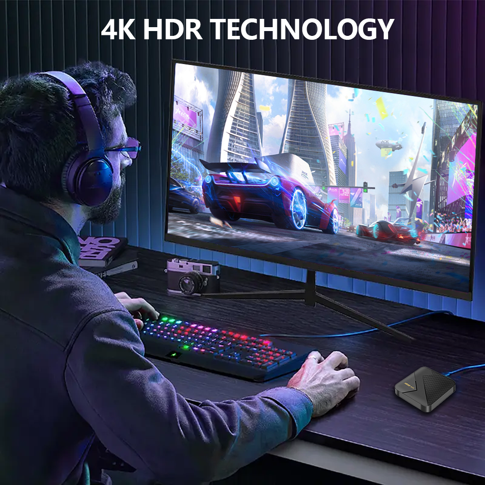 Gamer using M98-M5 TV box with 4K HDR technology for high-definition racing games on a large monitor