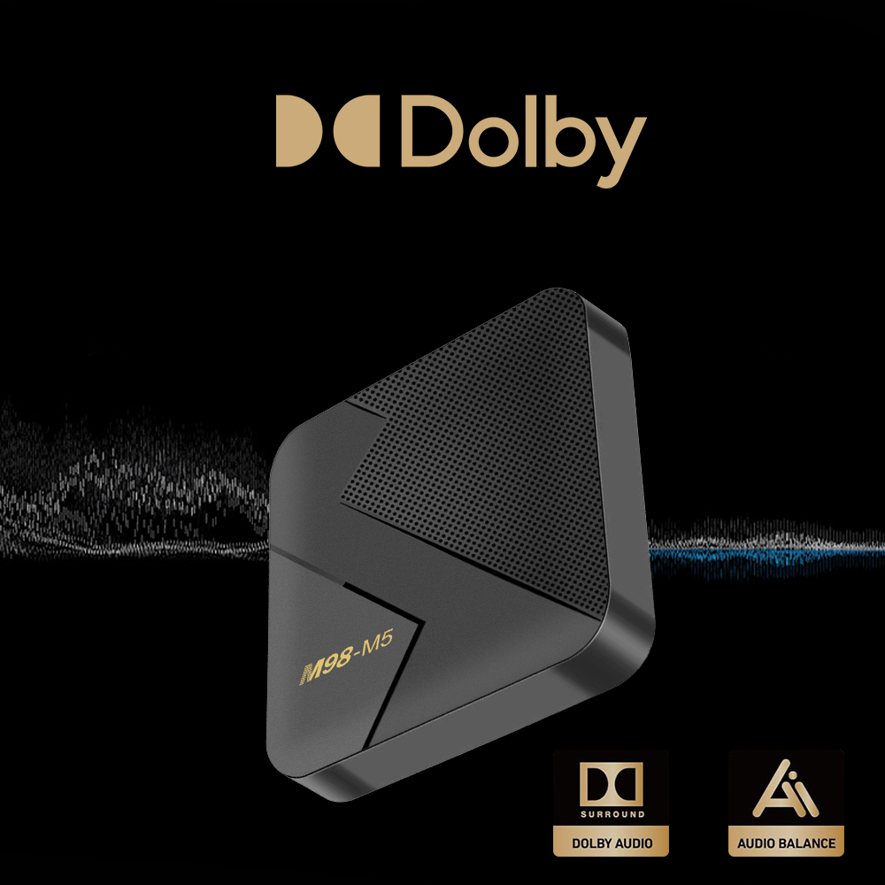 M98-M5 TV box featuring Dolby Audio and audio balance technology for premium surround sound experience
