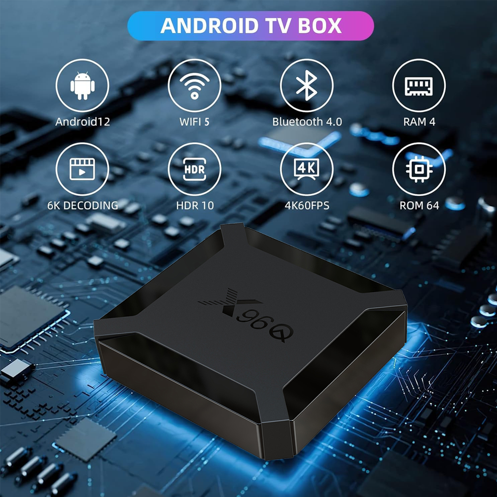 X96Q Android TV box featuring Android 12, WiFi 5, Bluetooth 4.0, 4GB RAM, 64GB ROM, 6K decoding, HDR10, and 4K 60fps support for advanced home entertainment.