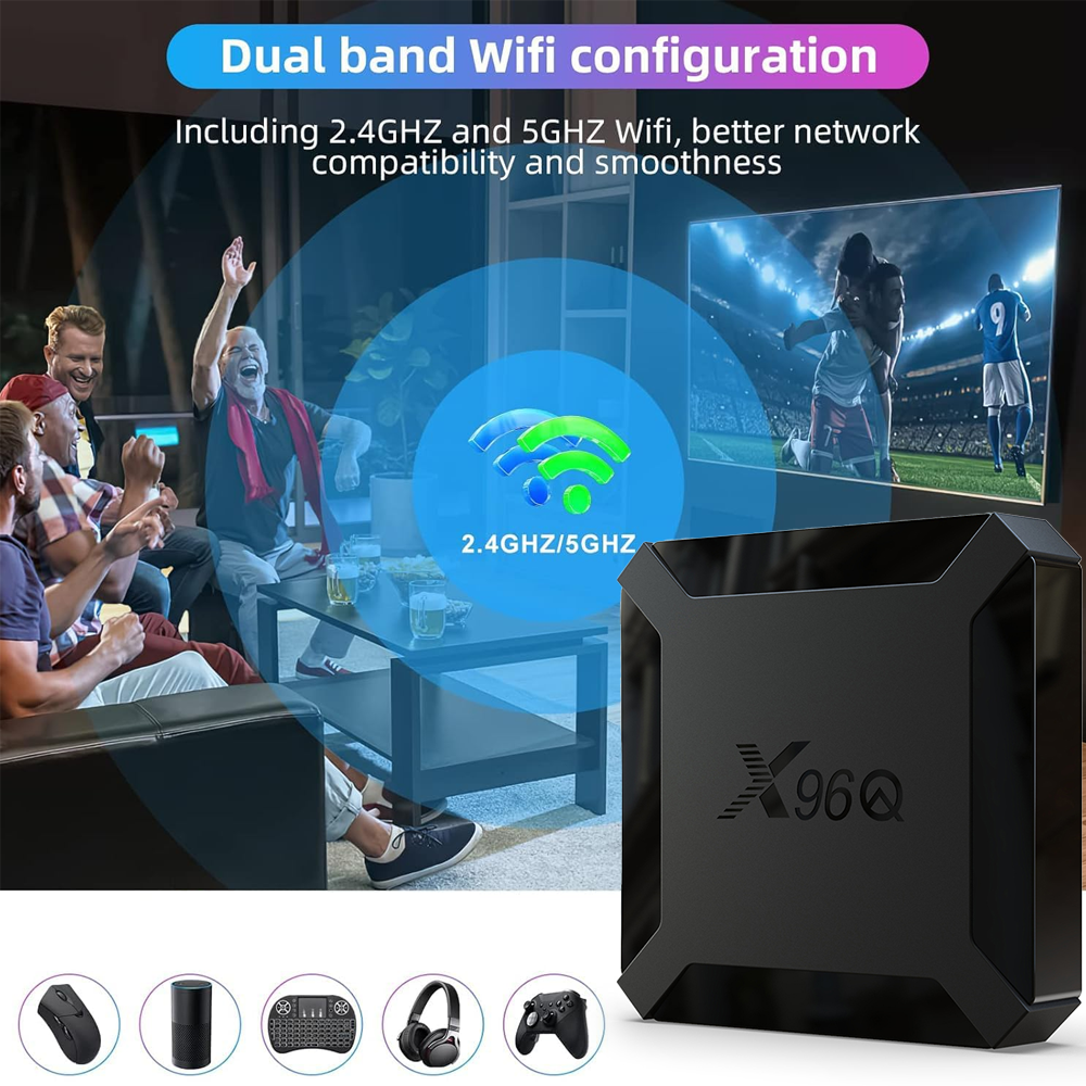X96Q TV box being held in hand, highlighting its compact and portable design for easy home or travel streaming.