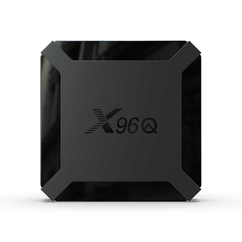 Top view of X96Q Android TV box with a sleek black finish and modern geometric corners, ideal for smart TV streaming.